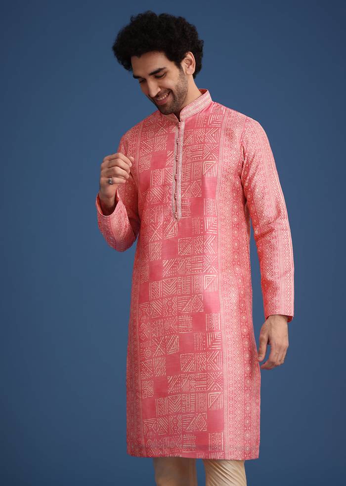 Blush Pink Twinning Ensemble – Gotta Work Sharara With Bandhani Dupatta For Her And Pink Silk Mandarin Collar Kurta For Him