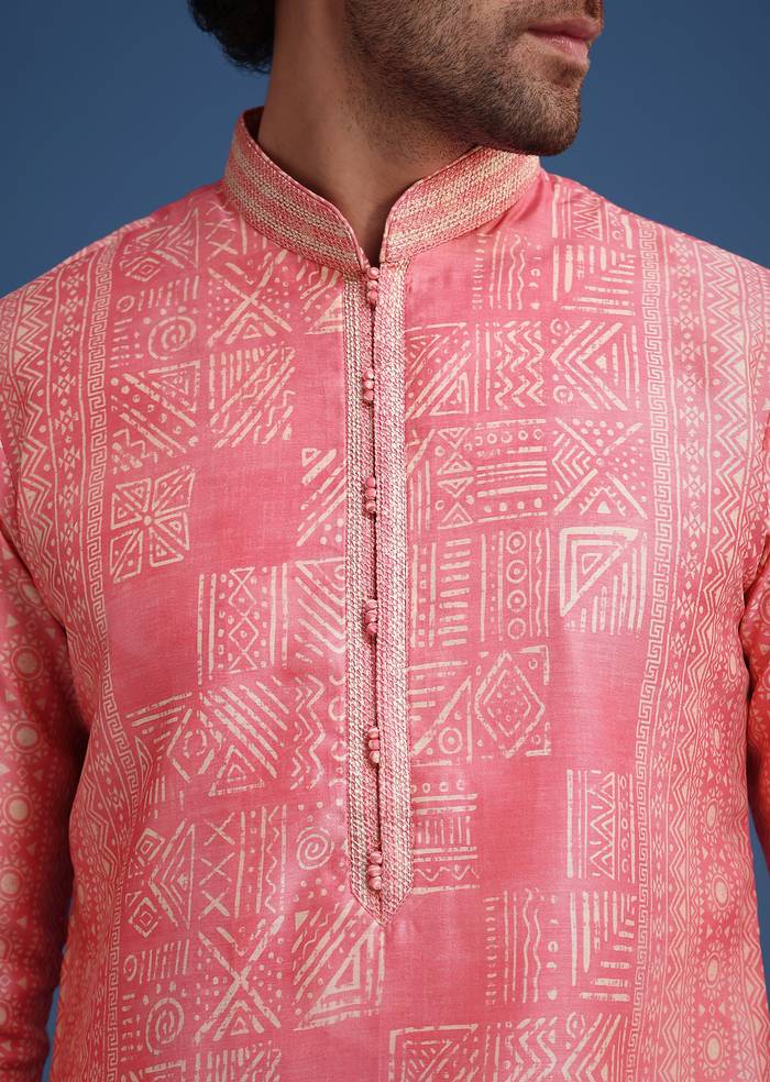 Blush Pink Twinning Ensemble – Gotta Work Sharara With Bandhani Dupatta For Her And Pink Silk Mandarin Collar Kurta For Him