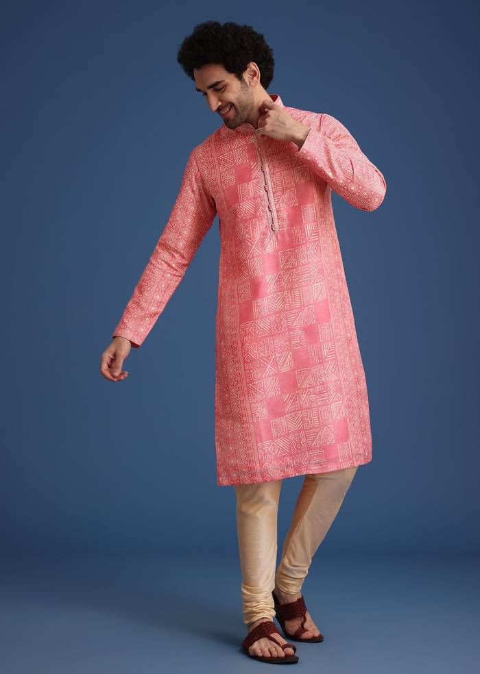 Blush Pink Twinning Ensemble – Gotta Work Sharara With Bandhani Dupatta For Her And Pink Silk Mandarin Collar Kurta For Him
