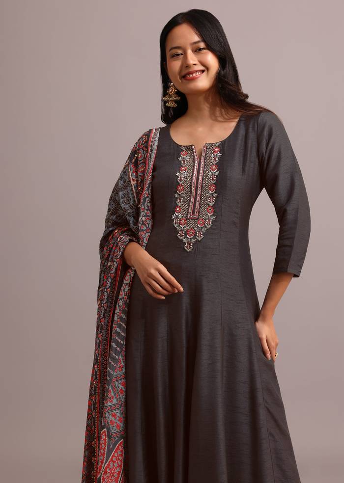 Black Embroidered Kurti Set With Modal Silk Ajrakh Printed Dupatta
