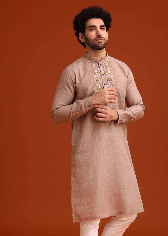 Rose Pink Grand Pairing – Tissue Anarkali With Zardozi Work For Her And Onion Pink Resham Embroidered Linen Kurta For Him