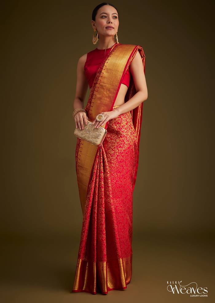 Red Kanjivaram Silk Saree With Golden Zari Woven Border