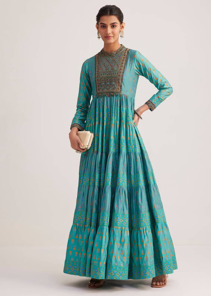 Turquoise Chanderi Kurti With Indie Print