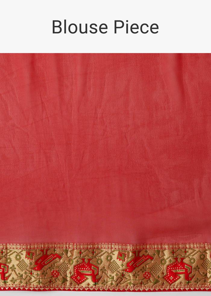Red Dola Silk Bandhani Saree With Multicolor Animal Motifs And Gota Border