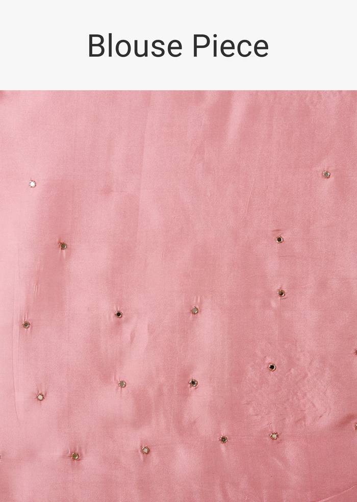 Beige And Pink Ombre Jacquard Embroidered Saree With Mirror Work