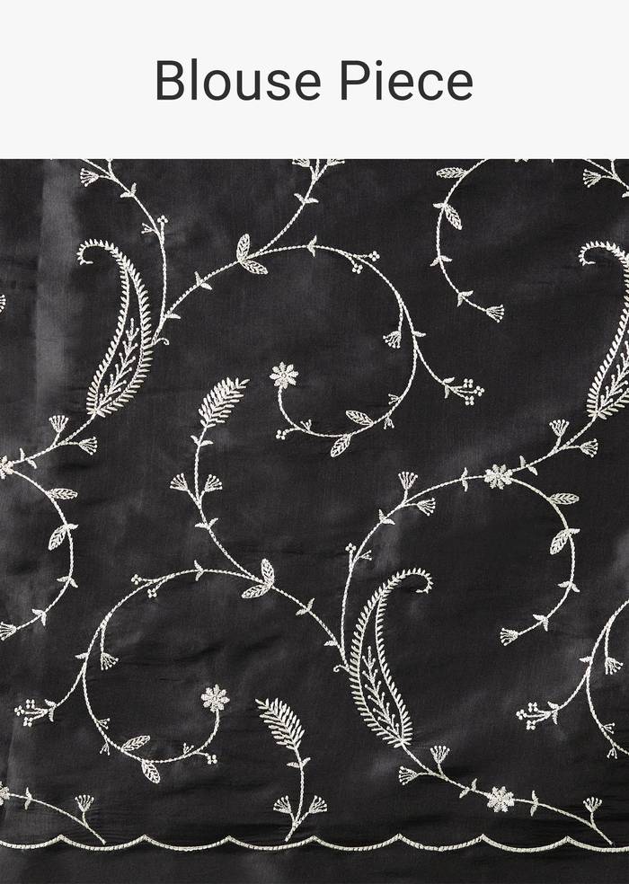 Black Cotton Satin Embellished Saree with Unstitched Blouse