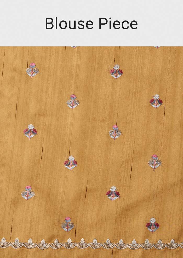 Mustard Yellow Tussar Saree With Scallop Border And Multicolor Floral Embroidery
