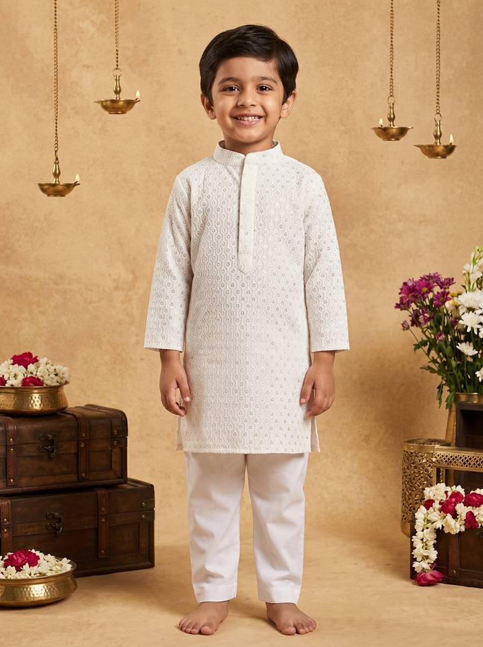Off White Sequin And Thread Work Kurta Set
