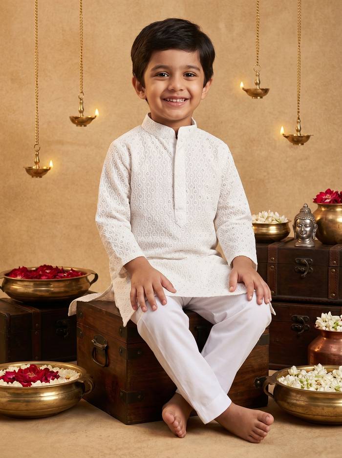 Off White Sequin And Thread Work Kurta Set