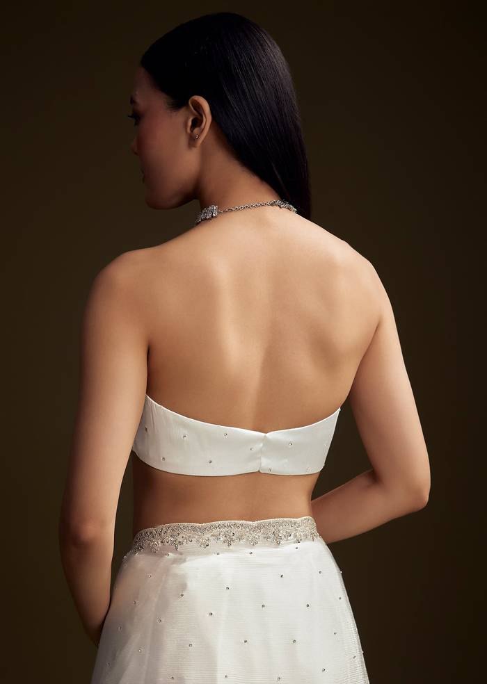 White Chinon Saree With Stone And Sequin Embroidery