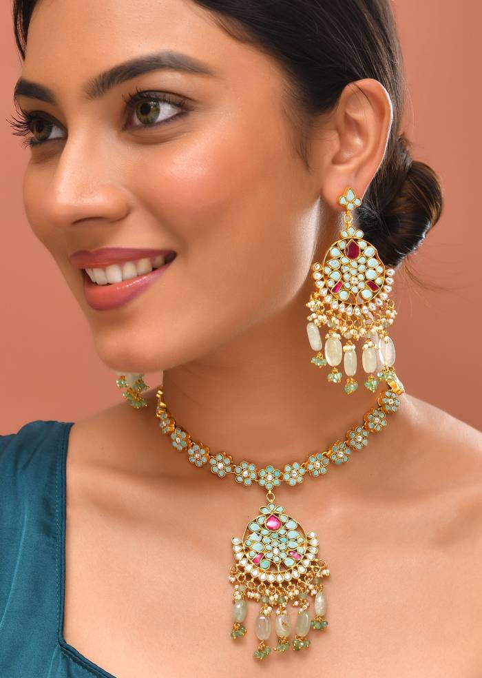 Aqua Blue Multi Necklace Set With Pachi Kundan