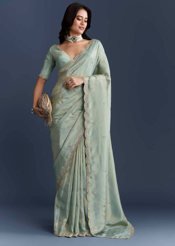 Aqua Blue Tissue Saree With Intricate Hand Embroidery