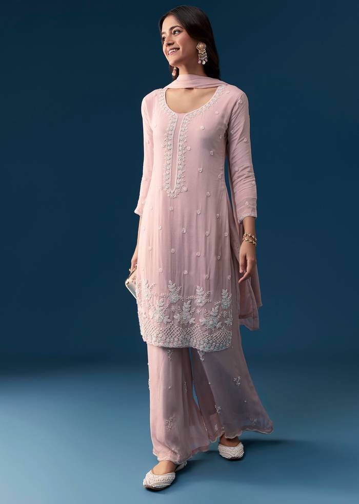 Baby Pink Chinon Kurta Set With Cut Dana Moti And Sequins Work