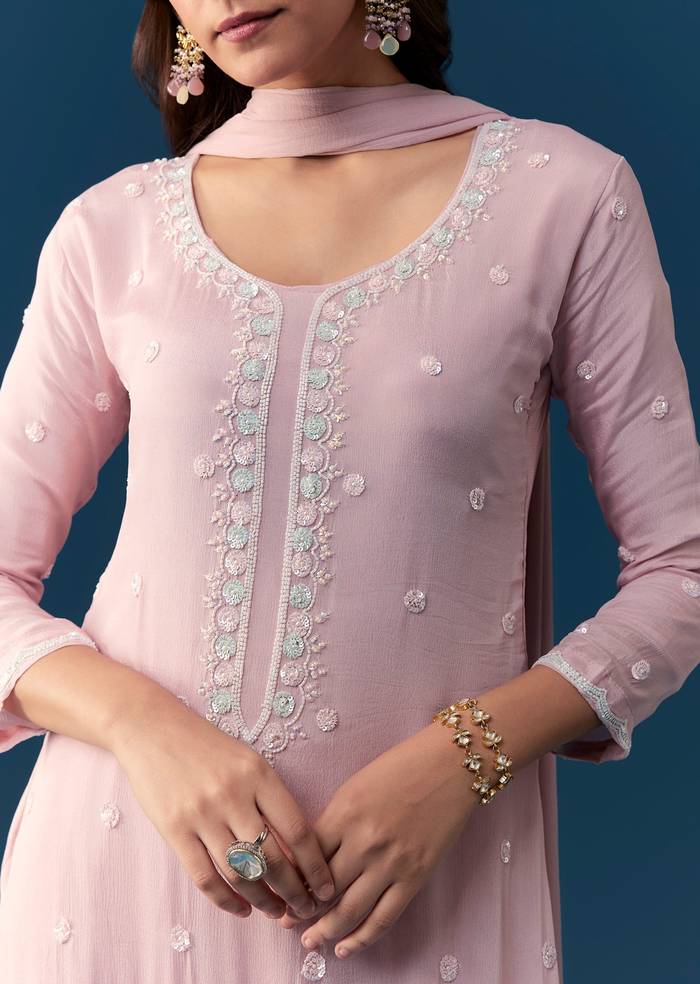 Baby Pink Chinon Kurta Set With Cut Dana Moti And Sequins Work
