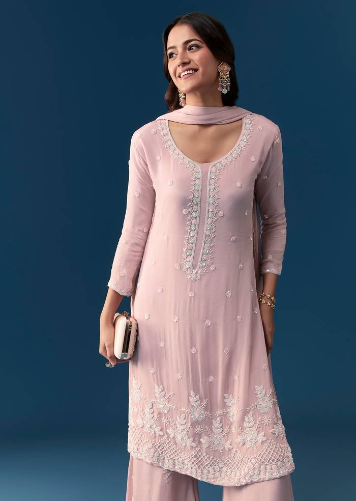 Baby Pink Chinon Kurta Set With Cut Dana Moti And Sequins Work