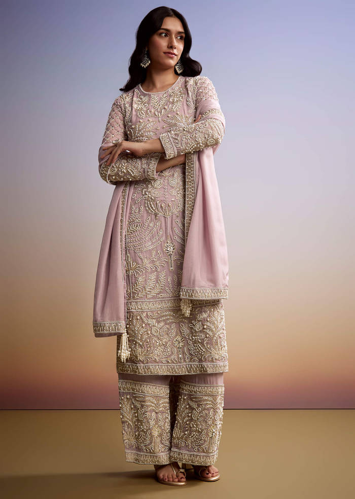 Baby Pink Organza Palazzo Suit With Zari And Moti Work