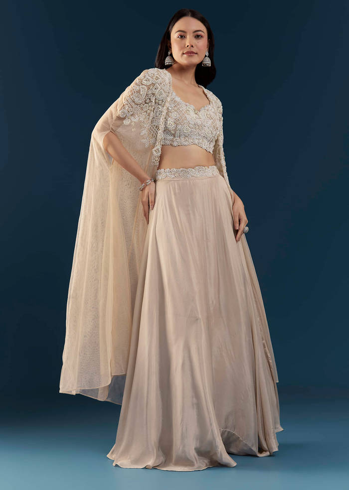 Beige Chinon Silk Crop Top Palazzo Set with Cape