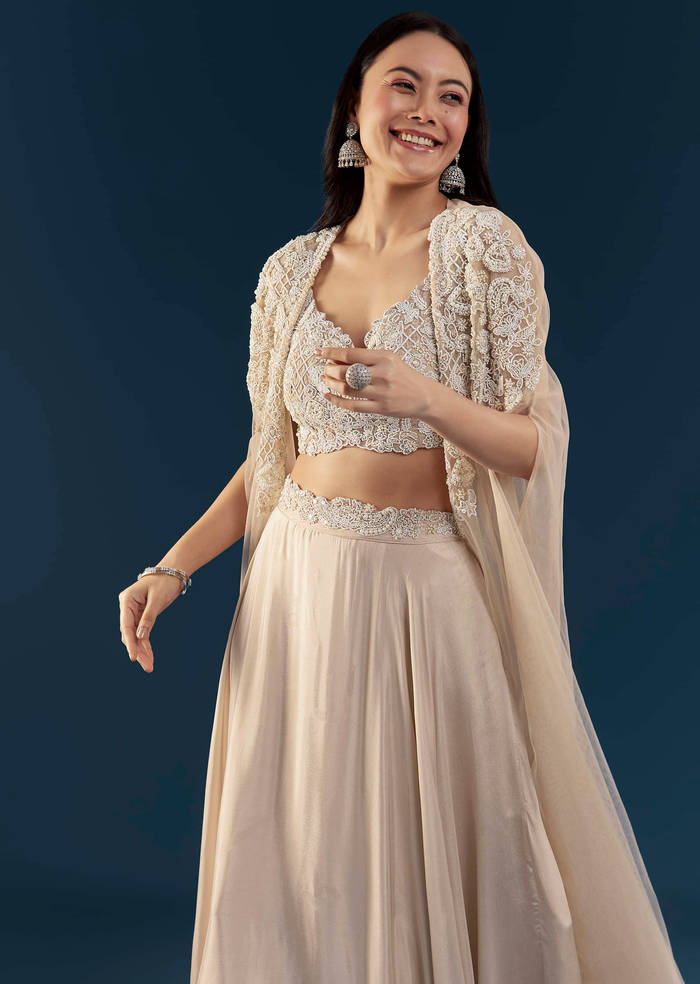 Beige Chinon Silk Crop Top Palazzo Set with Cape