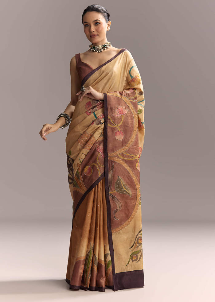 Beige Cotton Saree With Hand Painted Motifs And Brown Border