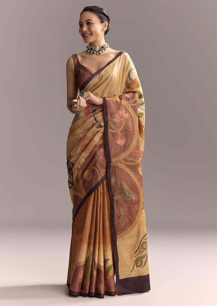 Beige Cotton Saree With Hand Painted Motifs And Brown Border