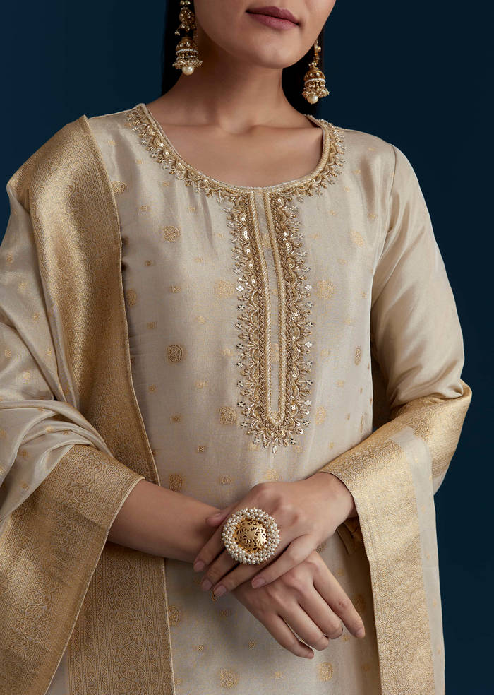 Beige Jacquard Weave Tissue Kurta Palazzo Set