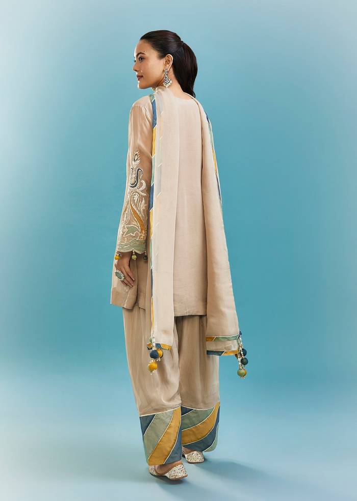 Beige Farshi Suit Set With Gotta Patti And Patch Embroidery