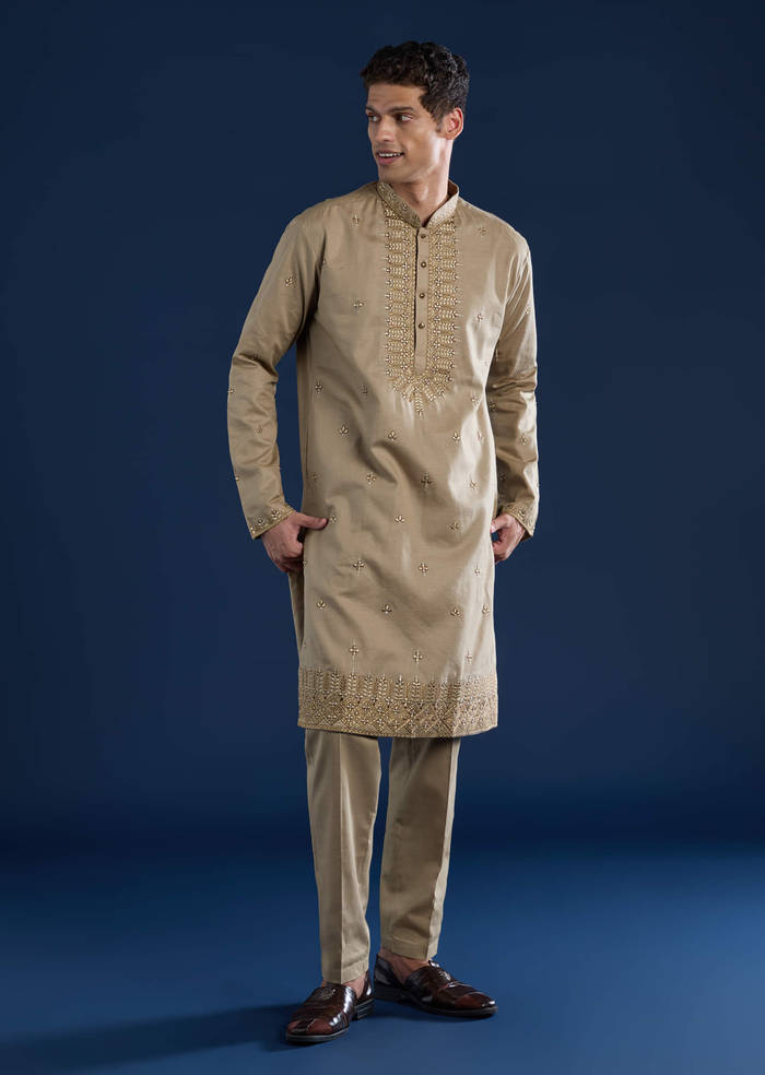 Beige Linen Blend Mirror Work Kurta and Pant Set