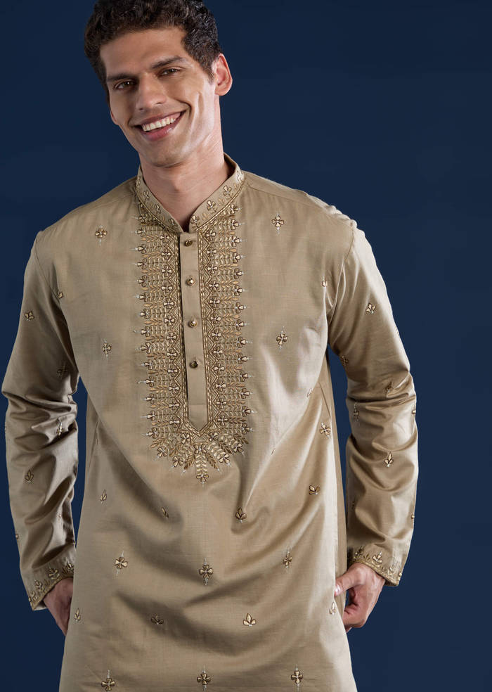 Beige Linen Blend Mirror Work Kurta and Pant Set