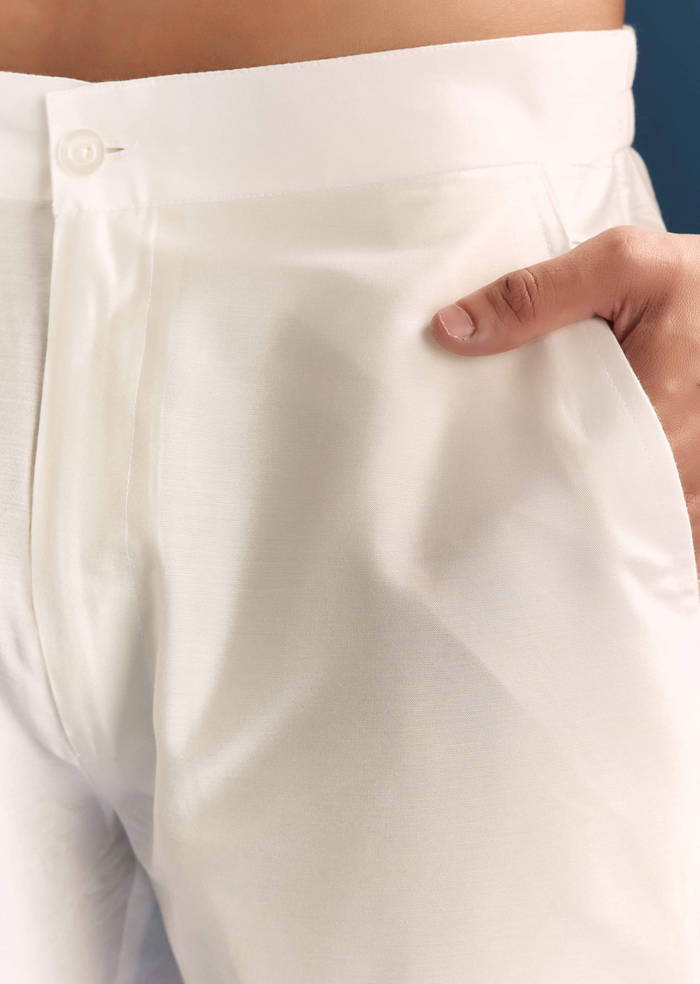 Beige Silk Kurta Set For Men With Thread Embroidery