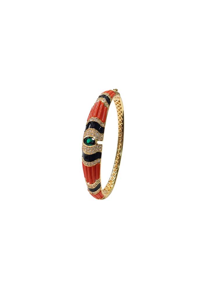 Black And Orange Striped Bangle With Green Stone