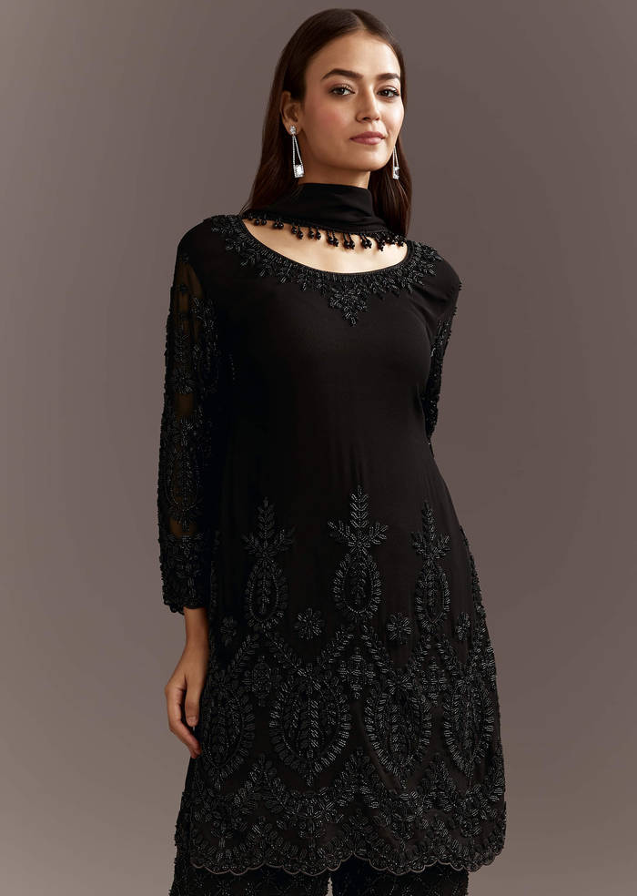 Black Beads Work Georgette Kurta With Fully Beaded Pant