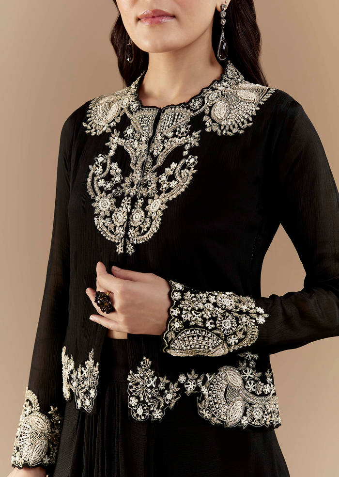 Black Chinon Crop Top and Skirt Set