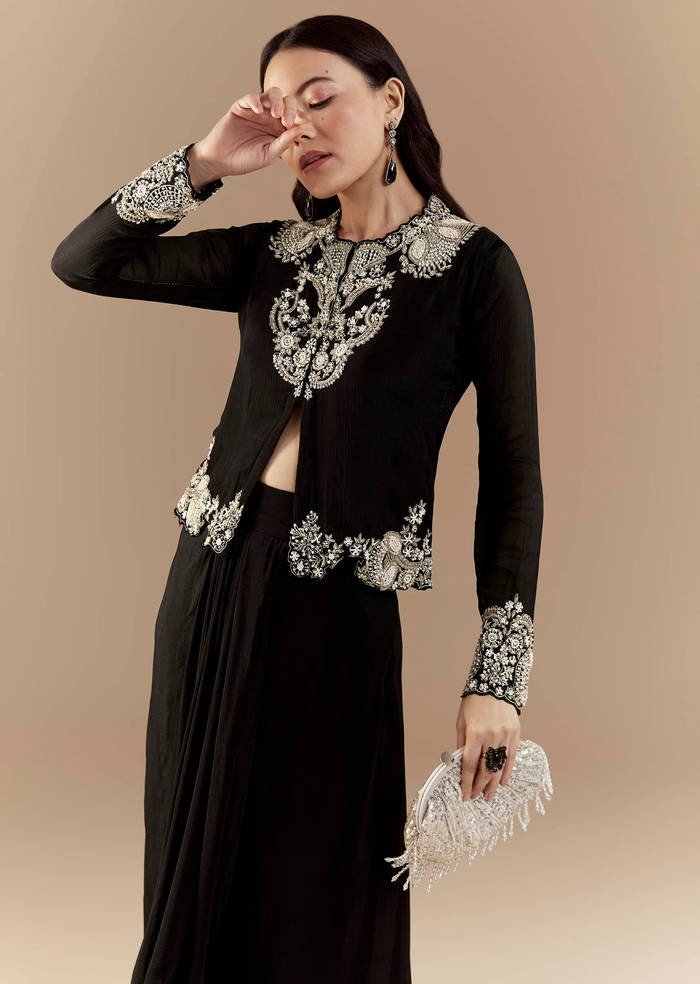 Black Chinon Crop Top and Skirt Set