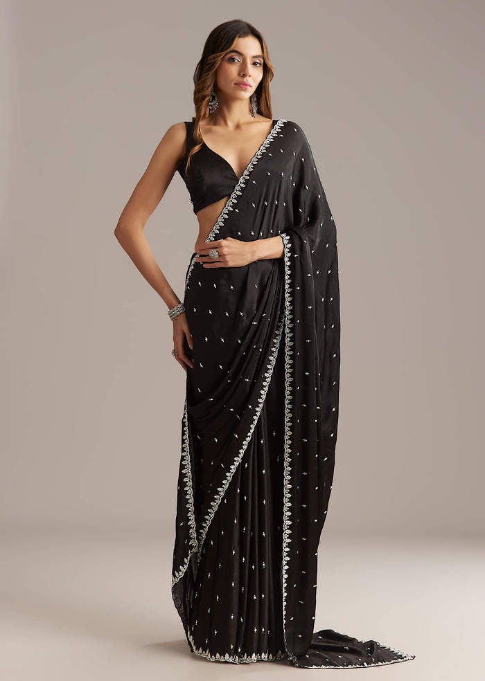 Black Chinon Saree With Stone And Cutdana Embroidery