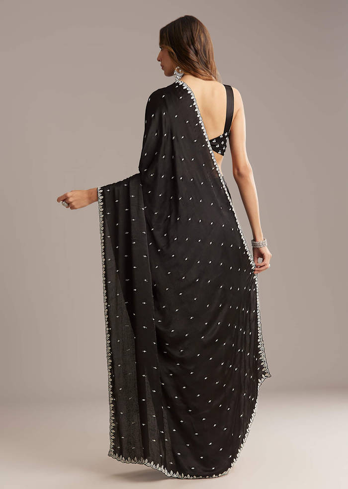 Black Chinon Saree With Stone And Cutdana Embroidery