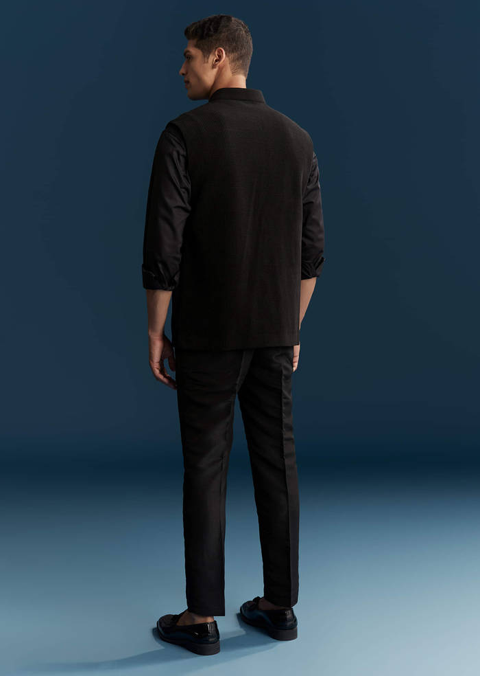 Black Corduroy Kurta Jacket Set For Men With Embroidery