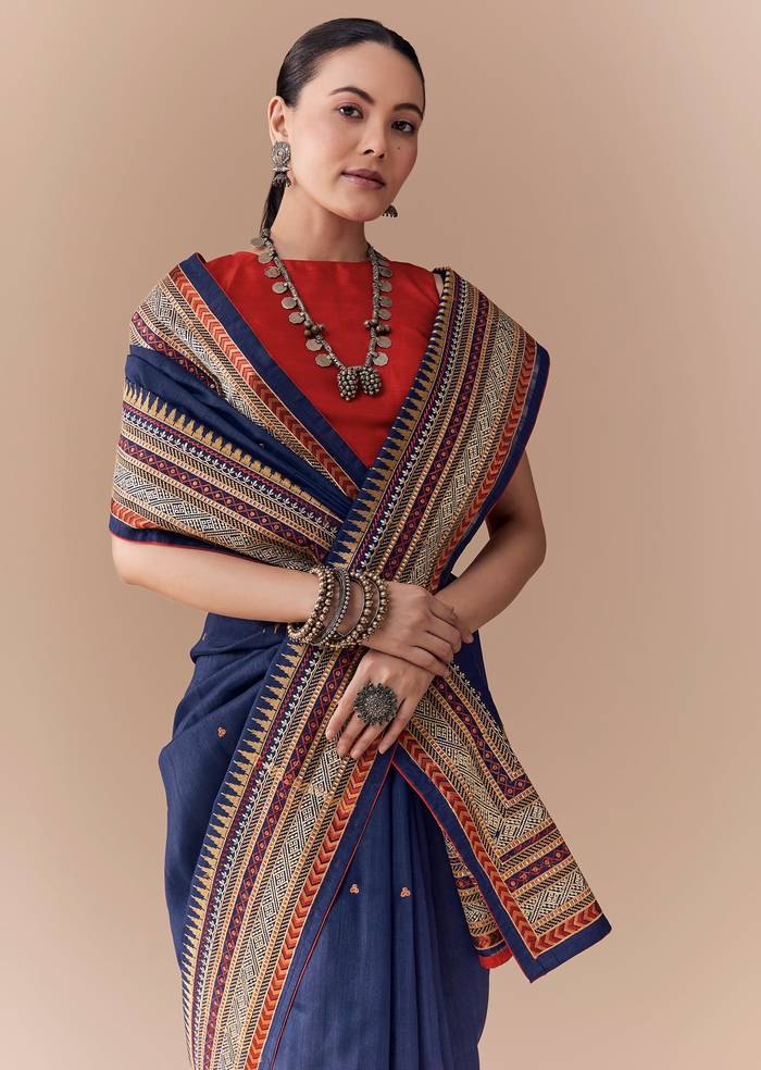 Black Cotton Linen Woven Saree with Blouse Fabric