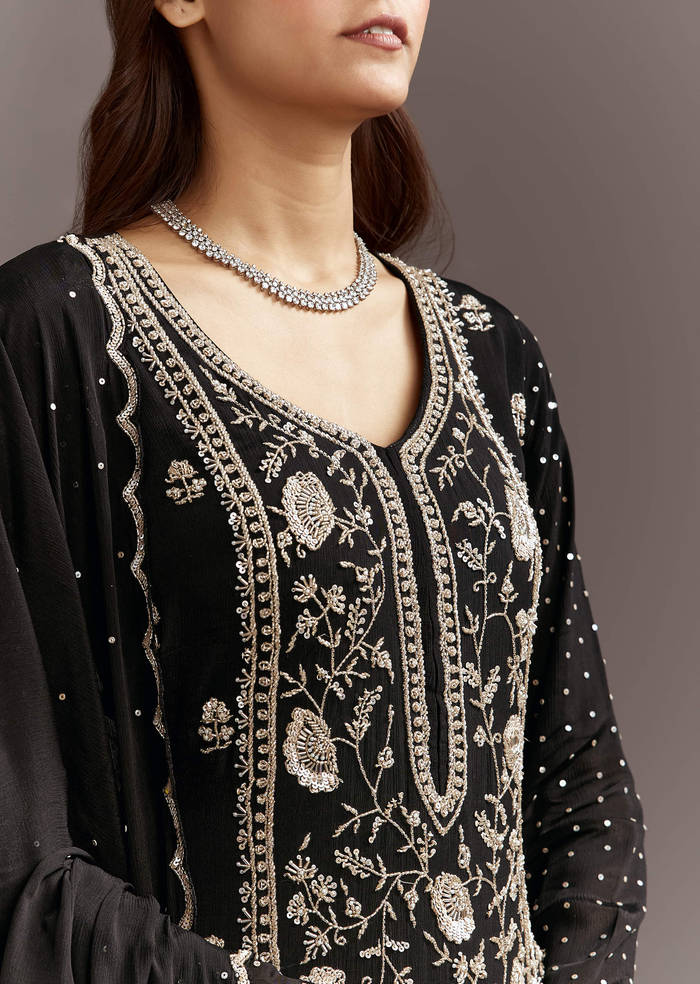 Black Cutdana And Sequins Kurta With Chinon Sharara And Dupatta