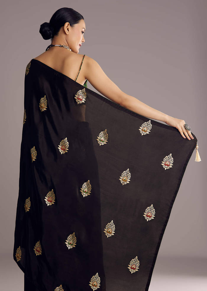 Black Dola Silk Saree With Woven Buttis
