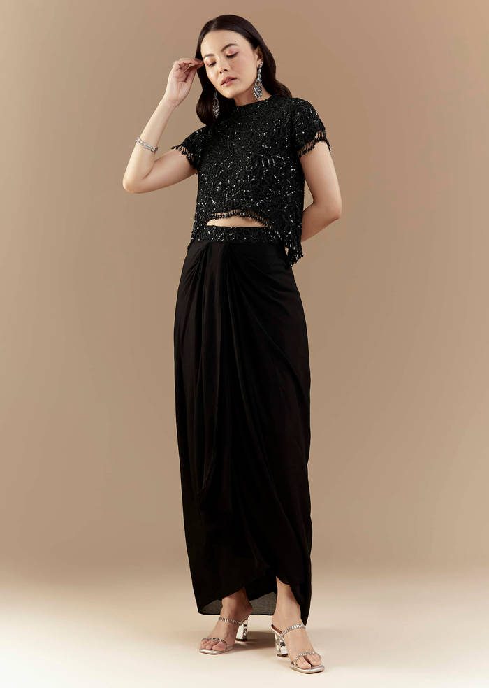 Black Embroidered Crop Top and Skirt Set