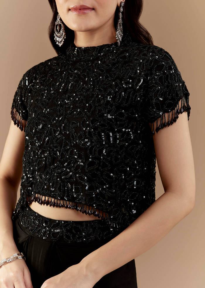 Black Embroidered Crop Top and Skirt Set