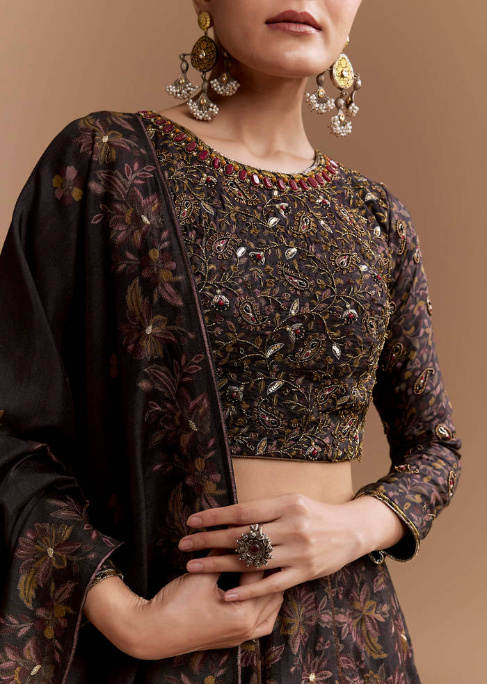 Black Floral Print Silk Brdiesmaid Lehenga Set with Dupatta