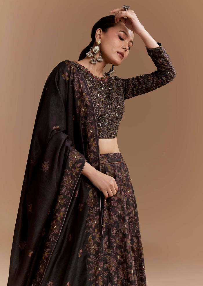Black Floral Print Silk Brdiesmaid Lehenga Set with Dupatta
