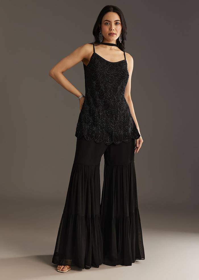 Black Georgette Kurta With Cut Dana And Moti Work And Tassel Dupatta