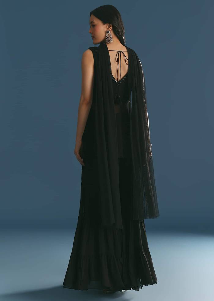 Black Georgette Peplum Kurta Sharara Set With Beads And Sequins