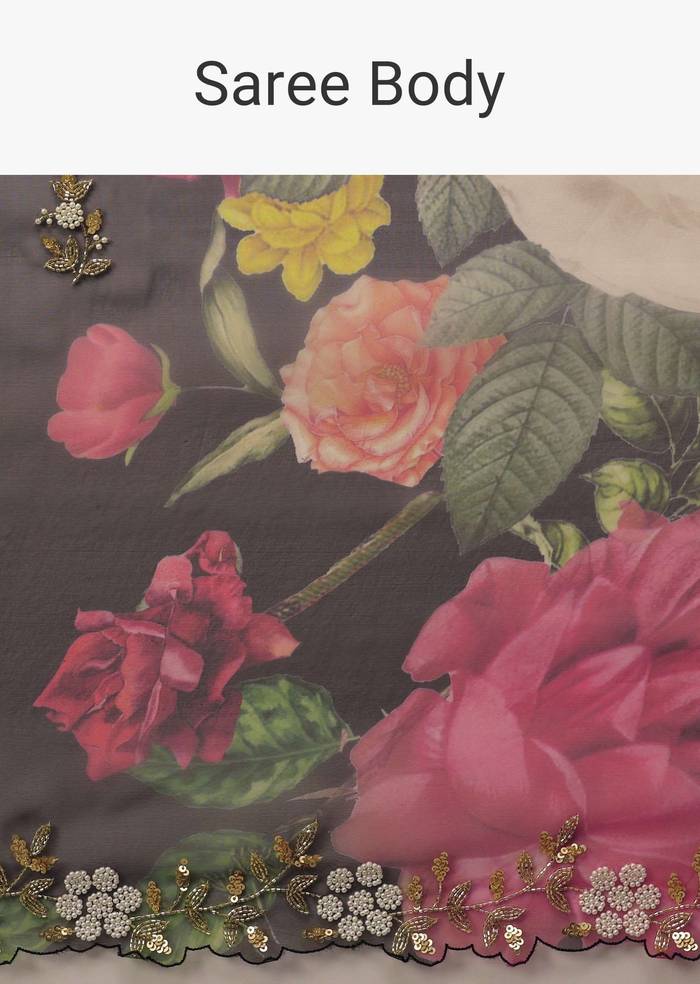 Black Organza Saree With Floral Print And Scallop Borders