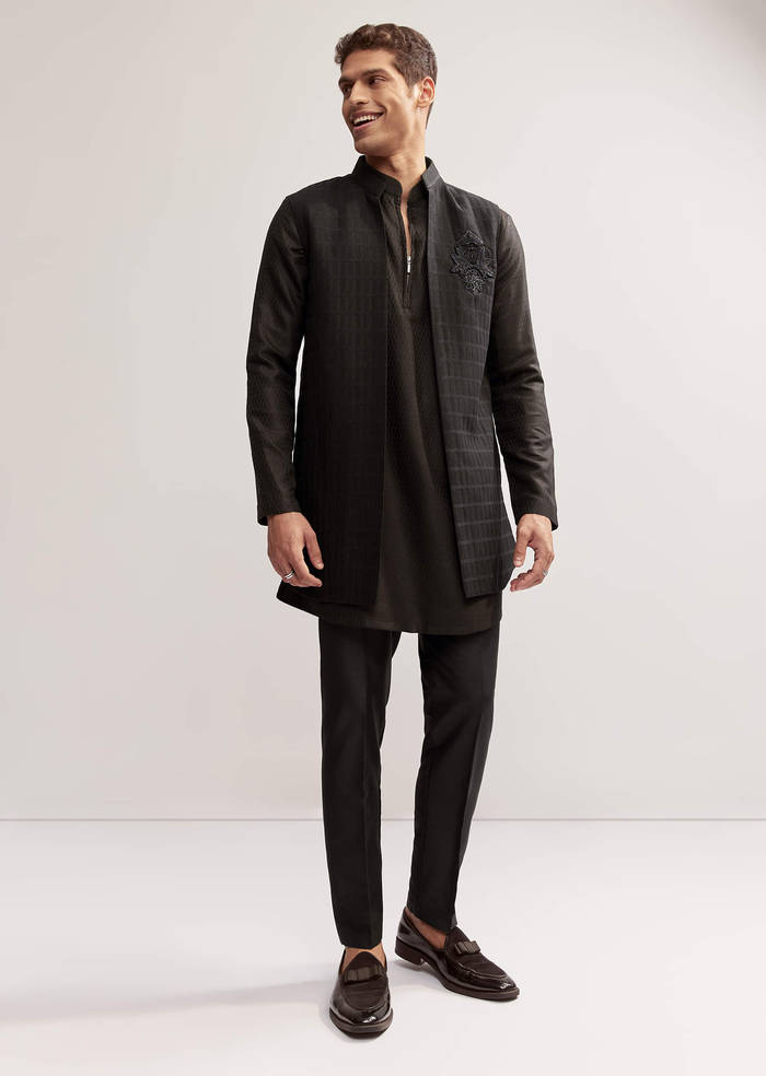 Black Silk Kurta Jacket Set For Men With Cutdana Embroidery