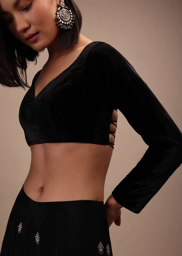 Black Backless Blouse In Velvet With Criss-Cross Tie-Up