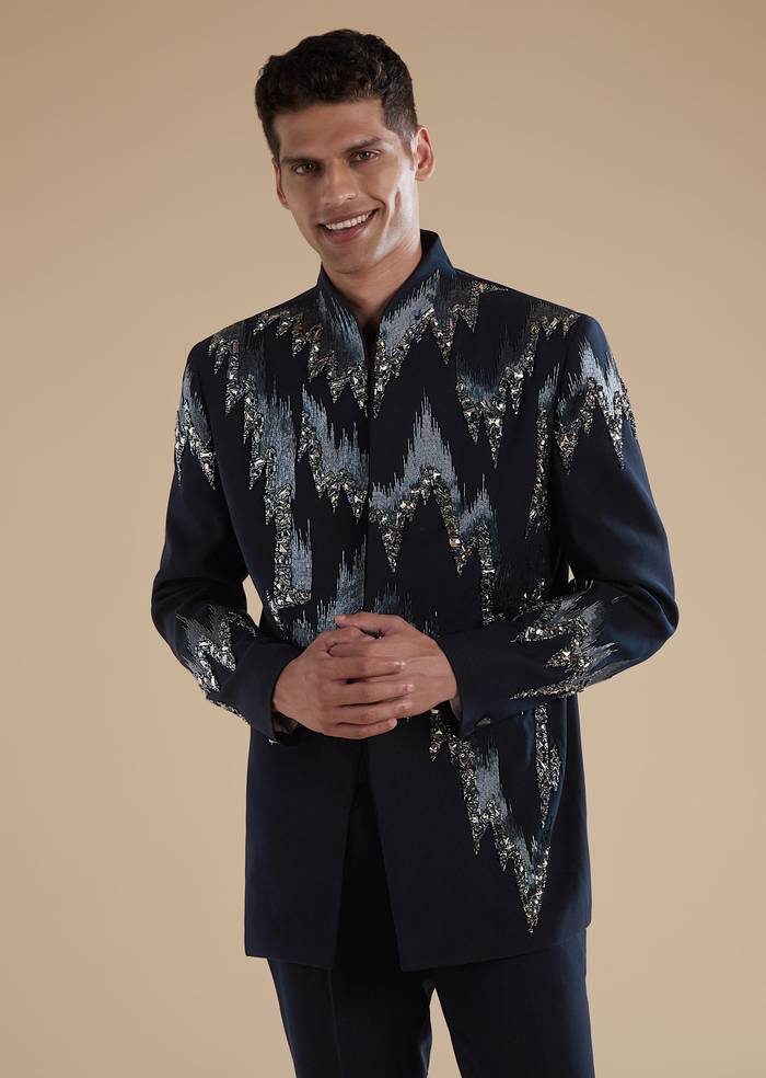 Blue Jodhpuri Set With Cut Dana Metal Detail Work