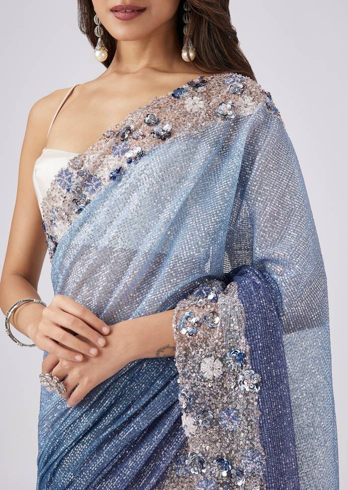 Blue Net Half And Half Sequin Saree